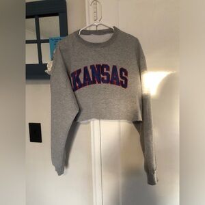 Champion Gray Cropped Crewneck with Red & Blue Kansas Appliqué